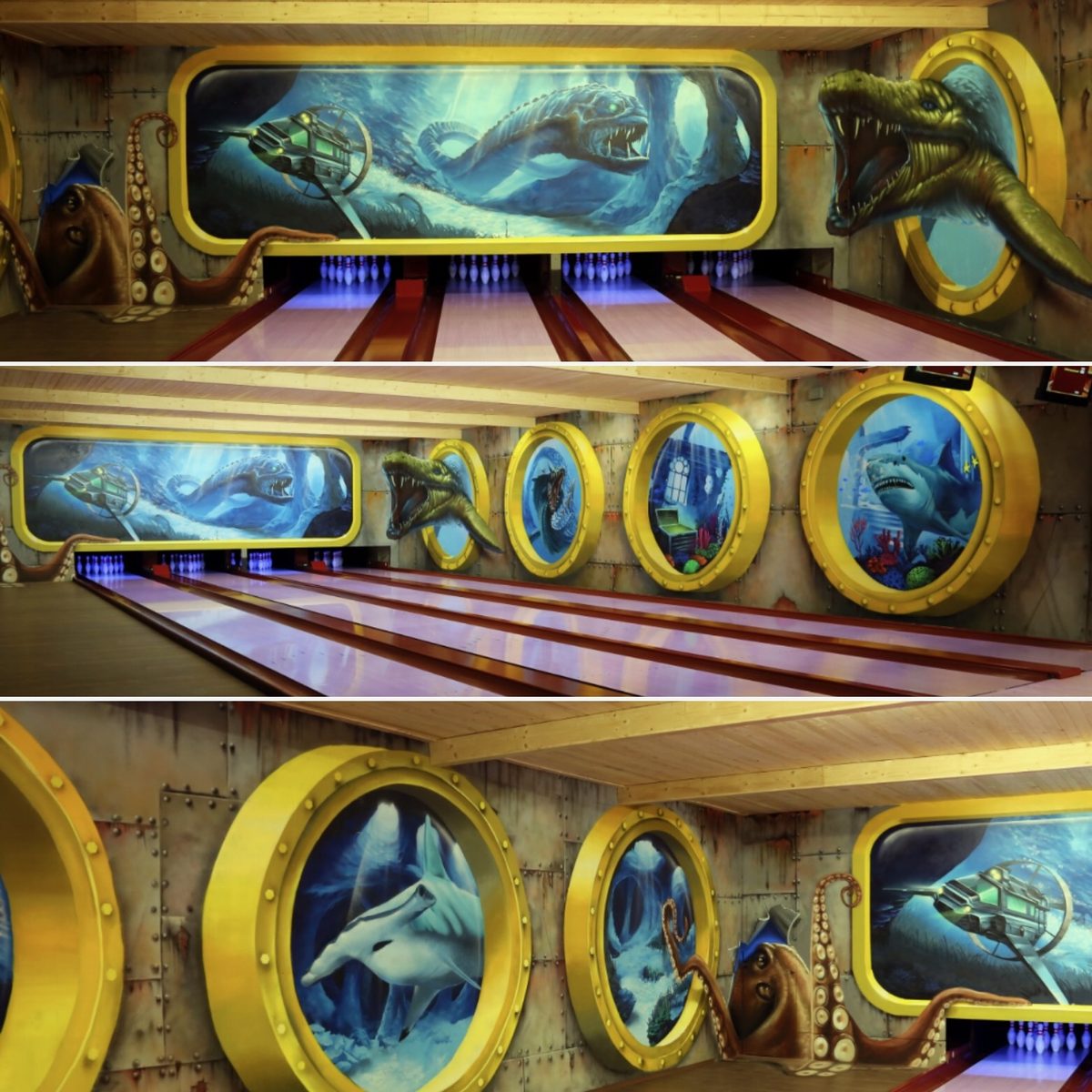 3D trick art maľba v bowlingovej hale — ponorkové okná a žraloky